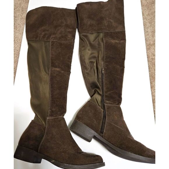 Women's Tall Suede & Material Boots in Brown EUC Size 8.5 Low Heel - Picture 1 of 5